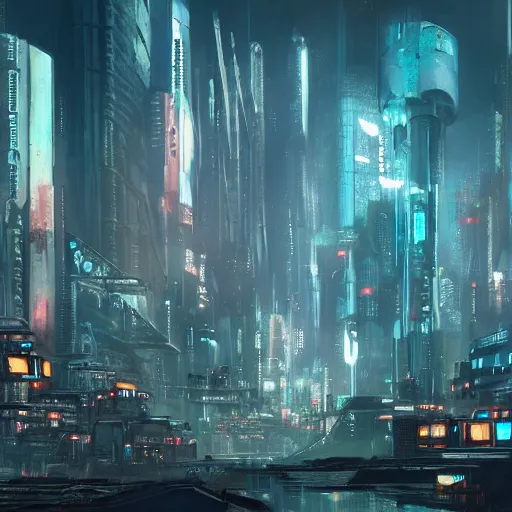 Prompt: futuristic dystopian cyberpunk cityscape