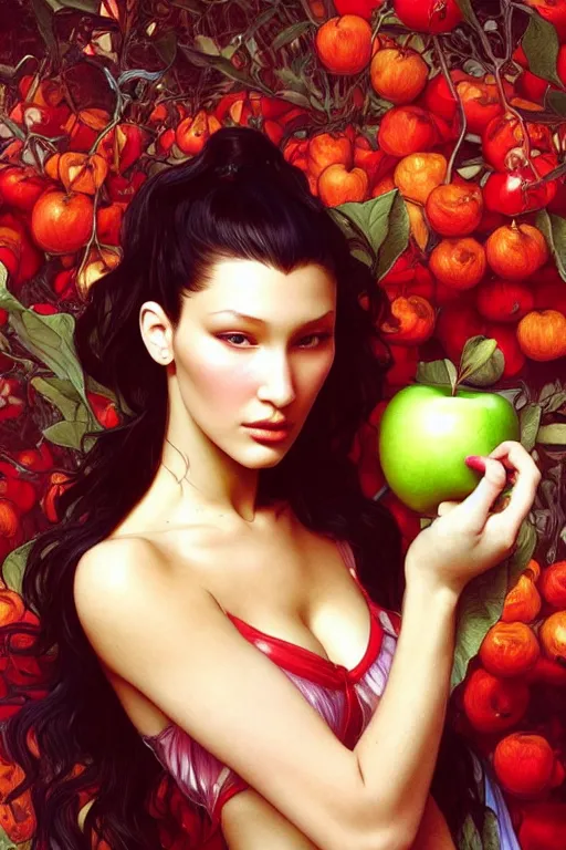 Prompt: very very beautiful longshot photo of bella hadid holding an apple, intricate, elegant, highly detailed, artstation, concept art, smooth, sharp focus, illustration, art by artgerm and alphonse mucha