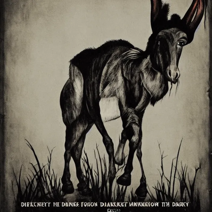 Image similar to 1 9 2 0 s horror movie poster of an evil donkey, dark atmosphere, minimalist, sharp focus, smooth, dramatic lighting, 8 k