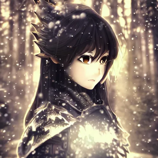 Image similar to focus face portrait of beautiful darkness knight 3D anime girl, golden armor wearing, dark forest background, snowing, bokeh, inspired by Masami Kurumada, digital painting, high contrast, unreal engine render, volumetric lighting, high détail