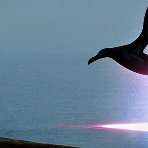 Image similar to a photo of a flying penguin wearing a cape and shooting lasers from its eyes,