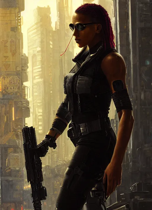 Image similar to 🤸🏿♀. cyberpunk mercenary in a military vest ( blade runner 2 0 4 9, cyberpunk 2 0 7 7 ). orientalist portrait by john william waterhouse and james gurney and theodore ralli and nasreddine dinet, oil on canvas. cinematic, hyper realism, realistic proportions, dramatic lighting, high detail 4 k