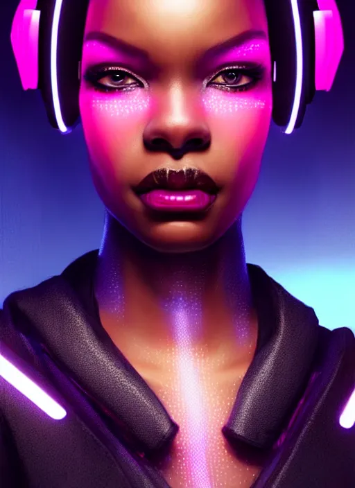 Image similar to photorealistic portrait of black american female humanoid, cyber neon lights, highly detailed, cyberpunk high fashion, elegant, crispy quality, trending in artstation, trending in pinterest, glamor pose, no signature, no watermark, cinematic, octane render, cute face, art by artgerm and greg rutkowski and pascal blanche