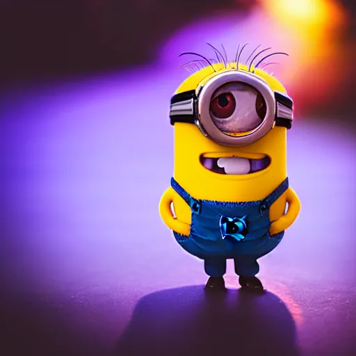 Prompt: a cute colorful minion and furby morphothion, photography, golden hour, bokeh, colorful, saturated, cinematic lighting, volumetric light