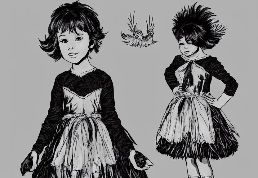 Prompt: beautiful little girl with a short black haircut wearing a dress made of black feathers, artwork in western comic art style, anatomically perfect