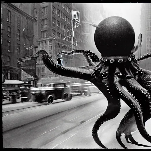 Image similar to old black and white photo, 1 9 1 3, depicting a giant alien dieselpunk octopus rampaging through the bustling streets of new york city, historical record, volumetric lights