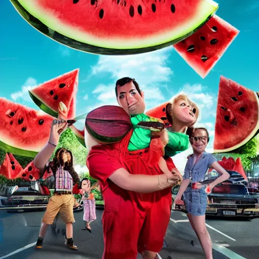 Image similar to a giant watermelon rampage town , movie poster