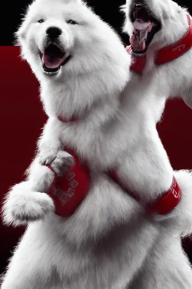 Image similar to samoyed dog competing in muay thai kickboxing fight, photorealistic, 4k, dramatic and cinematic