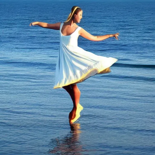 Image similar to a woman dancing over the ocean, beautiful, surreal dress