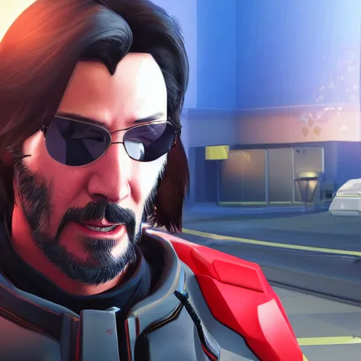 Prompt: Keanu Reeves as a character in the game Overwatch, with a background based on the game Overwatch, detailed face, action shot