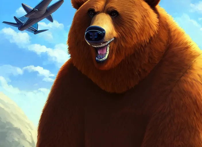 Image similar to character portrait feature of the anthro male anthropomorphic kamchatka brown bear fursona wearing airline pilot outfit uniform professional pilot character design stylized by charlie bowater, ross tran, artgerm, and makoto shinkai, detailed, soft lighting, rendered in octane