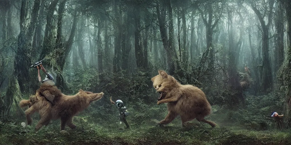 Image similar to an astronaut and a strange furry creature in a forest, a detailed matte painting by frieke janssens, featured on cgsociety, fantasy art, matte painting, reimagined by industrial light and magic, matte drawing