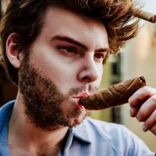 Image similar to a closeup photo of handsome gigachad elrubius smoking a cigar