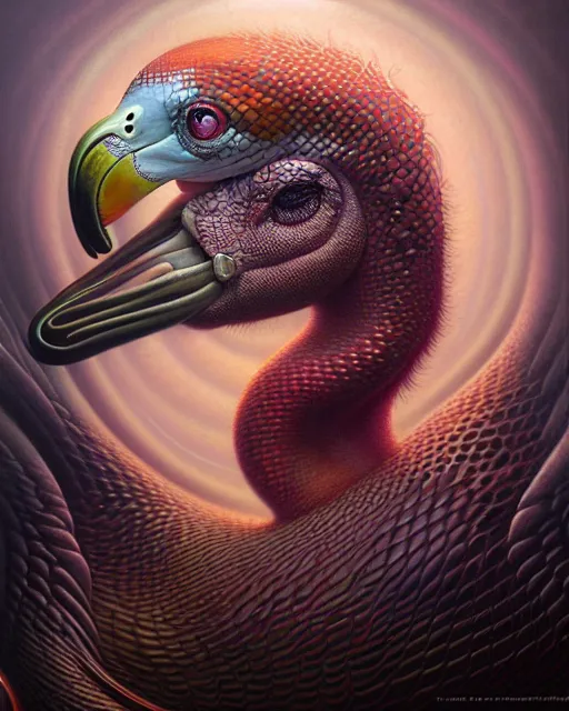 Image similar to a detailed portrait of dreampunk flamingo python hybrid mix by tomasz alen kopera and peter mohrbacher