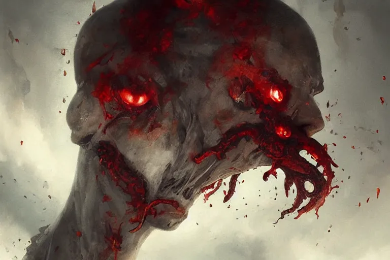 Prompt: painting by greg rutkowski of a flying human head with tears running down it's face face that is chalk white in color, with tentacles coming of the neck, fiery scorching red eyes, flying in a terrying hell like cavernous place