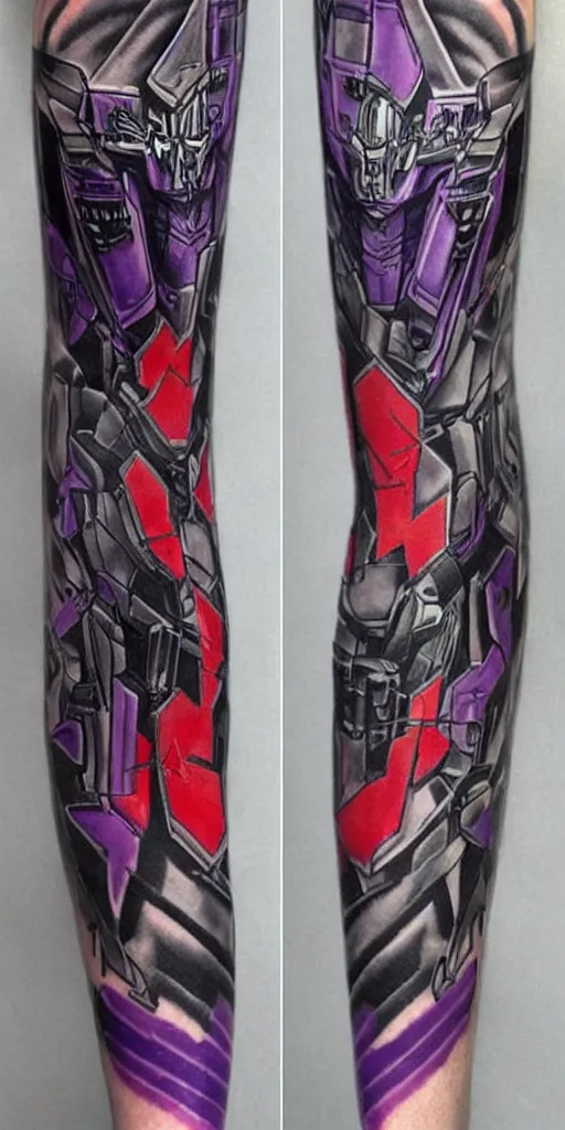 Image similar to decepticon and transformers battle collage leg sleeve tattoo, intricate, symmetrical, lazer blast, sharp, high detailed, high contrast, 1 st winner, trending, polkadot!!! grunge!!! purple!! black!! red!!