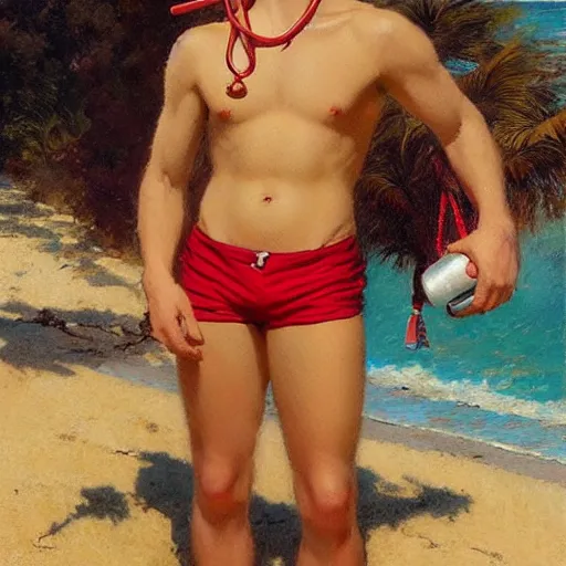 Image similar to “ tom holland as a lifeguard wearing red swimtrunks, whistle hanging from his neck, beach, sunshine painting by gaston bussiere, craig mullins, j. c. leyendecker, tom of finland ”