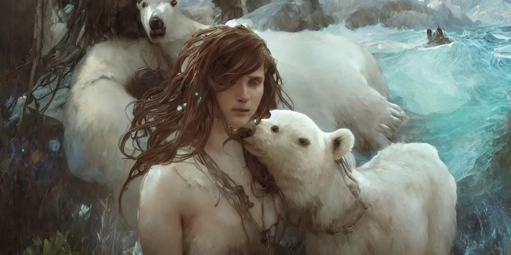 Prompt: young girl, afraid of a polar bear in the background, art of elysium by jeremy mann and alphonse mucha, fantasy art, photo realistic, dynamic lighting, artstation, poster, volumetric lighting, very detailed face, 8 k, award winning