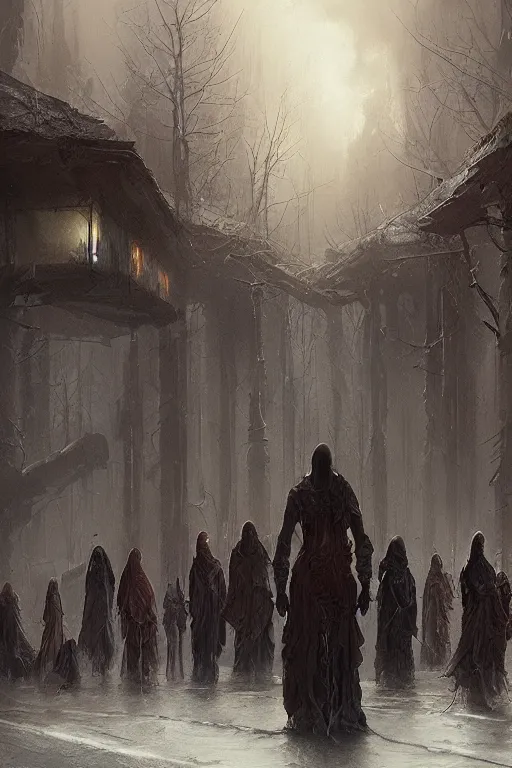 Prompt: a council of ghosts in the style of Greg Rutkowski, realistic painting, high definition, digital art, matte painting, very detailed, realistic