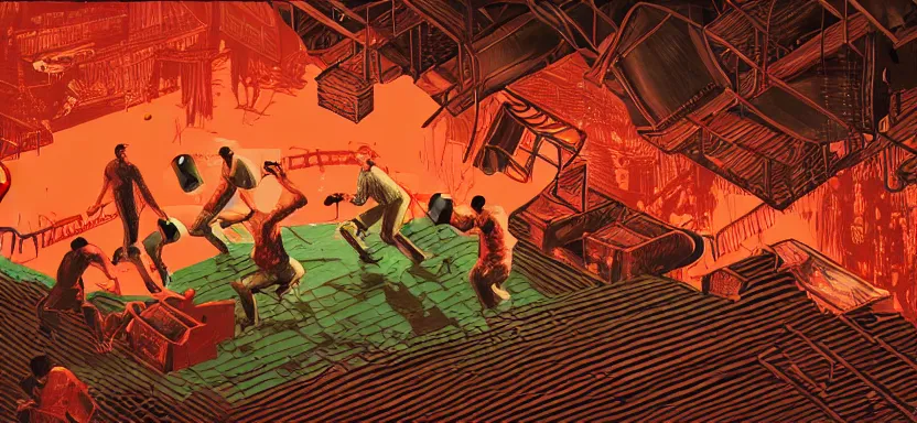 Prompt: handmade illustration of a vicious fight in an illegal boxing ring, bloody uppercut action shot knockout, line art, octane render with volumetric lighting, architectural illustration by MC Escher and cedric peyraavernay, industrial waste processing, bladerunner, green and red radioactive swamp, by Remedios Varo and Anato Finnstark and Greg Rutkowski, dayglo pink, dayglo blue, dazzle camouflage, 8k, trending on ArtStation