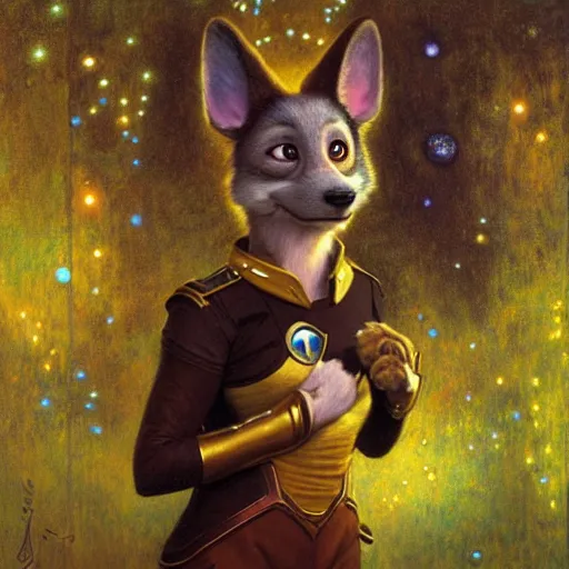 Image similar to a portrait of a female dog dogwoman canine in starfleet uniform at night in a dark forest. zootopia fursona furaffinity furry art detailed face painting by gaston bussiere craig mullins jc leyendecker gustav klimt artgerm greg rutkowski furry