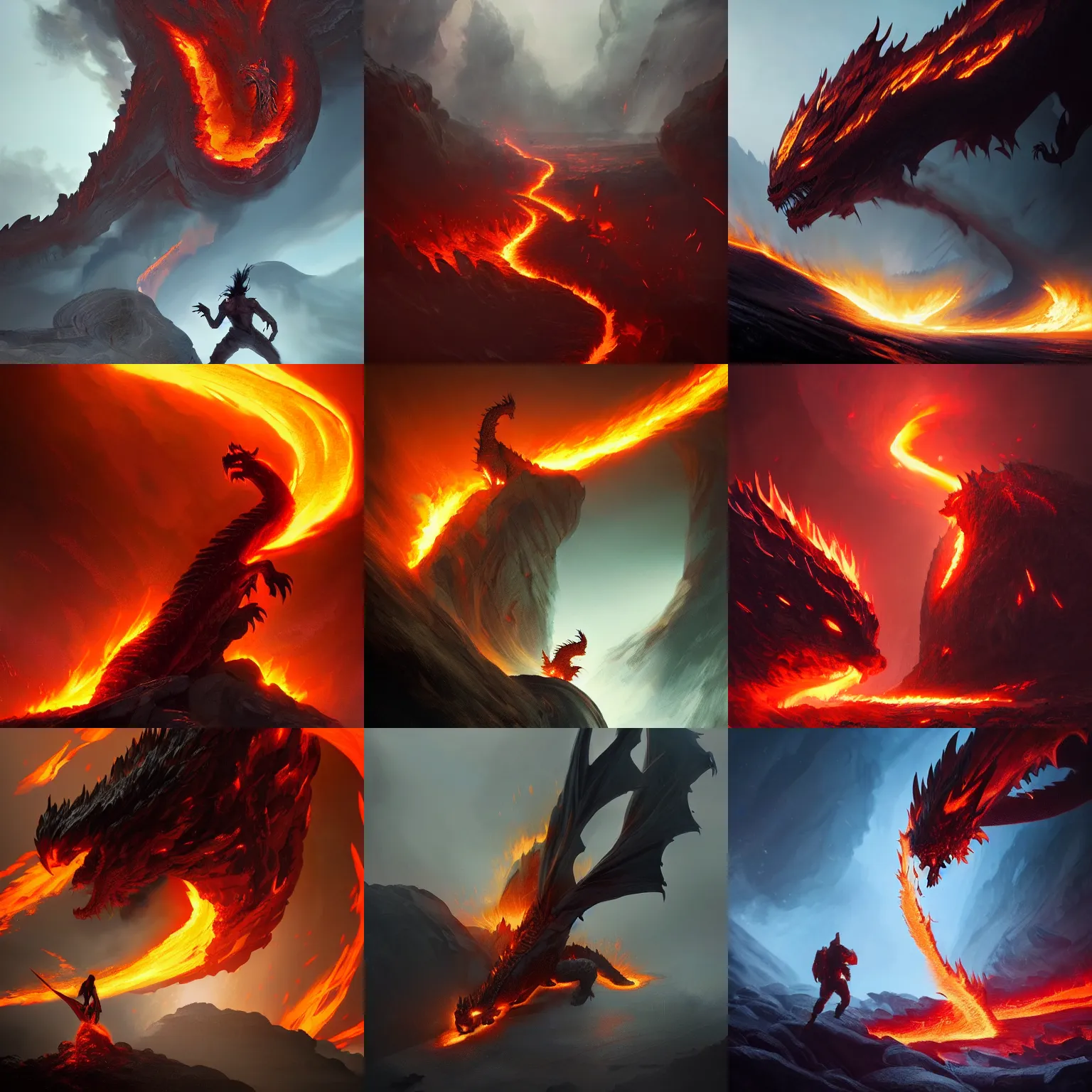 Prompt: lava and fire dragon, dramatic lighting, dynamic view, by greg rutkowski, chris tulloch mccabe, valentina remenar and asher duran, digital art, concept art, trending on artstation