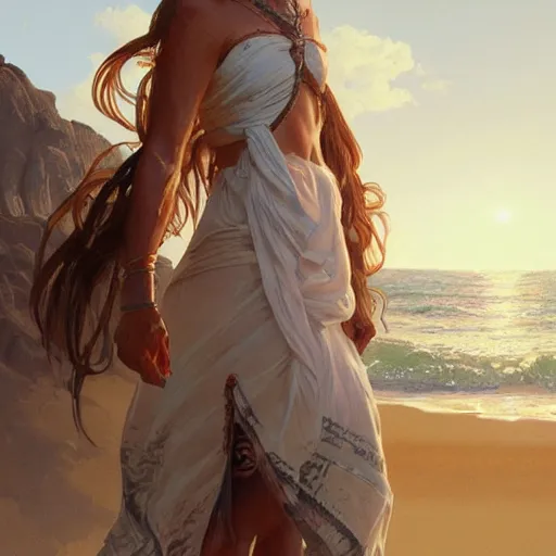 Image similar to Ultra realistic illustration, Siri Dahl at the beach, intricate, elegant, highly detailed, digital painting, artstation, smooth, sharp focus, illustration, art by artgerm and greg rutkowski and alphonse mucha