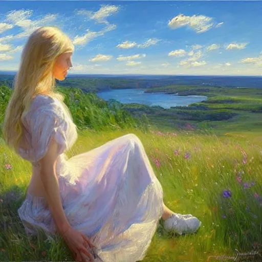 Image similar to blonde woman watching over the swedish countryside, archipelago, masterpiece, highly detailed, beautiful, atmospheric, impressionism, painting by Vladimir Volegov