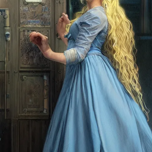 Image similar to full figure ultra realistic illustration, jeffrey wright wearing a maiden blue dress, blonde flowy hair, old west, intricate, elegant, highly detailed, digital painting, artstation, concept art, smooth, sharp focus, illustration, art by artgerm and greg rutkowski and alphonse mucha