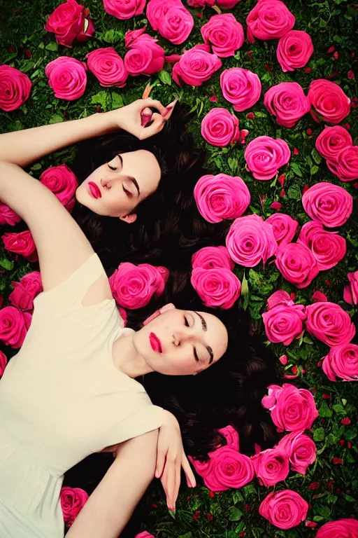 Prompt: fine art photo of the beauty gal gadot, she is lying down and merging from pink roses, taken by oleg oprisco