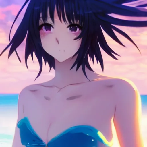 Image similar to a very beautiful anime girl wearing a dress made of water standing in a crystal lake , full body, long black hair, azure blue watery eyes, full round face, seductive stare, cinematic lighting, closeup shot, mid-shot, highly realistically detailed, trending on artstation, Unreal Engine 4k, Stanley Artgerm Lau, WLOP, Rossdraws, James Jean, Andrei Riabovitchev, Marc Simonetti, and Sakimichan