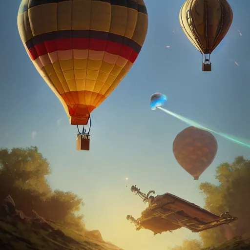 Prompt: two hot air balloons armed with cannons having an air battle, art by artgerm and greg rutkowski and alphonse mucha, concept art, octane render, unreal engine 5, highly detailed, high quality, 8 k, soft lighting, realistic face, path traced