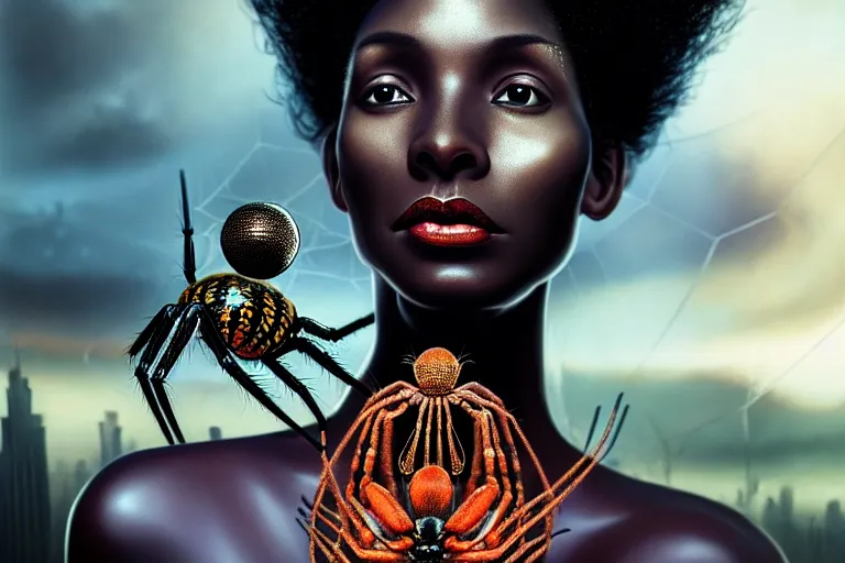 Prompt: realistic detailed closeup portrait movie shot of a beautiful black woman with a giant spider, dystopian city landscape background by denis villeneuve, amano, yves tanguy, alphonse mucha, max ernst, ernst haeckel, caravaggio, roger dean, cyber necklace, rich moody colours, sci fi patterns, wide angle