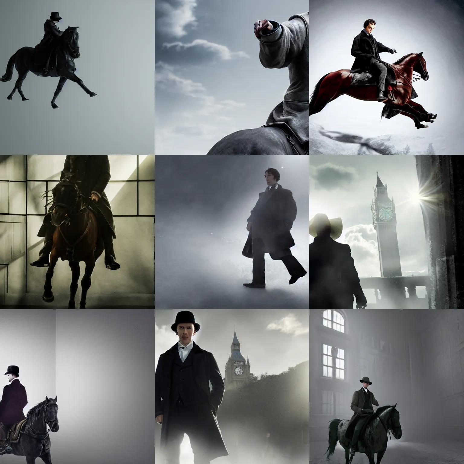 Prompt: Rode sherlock holmes in a white room, dark, photorealistic, 4K, dramatic sunlight