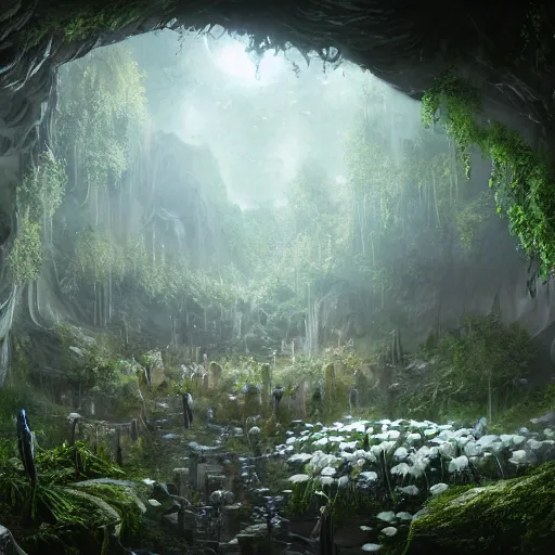 Image similar to biocomputer heart and white biocomputer flowers and biomechanical flowers in a cave forest, intricate environment, matte painting, diffused lighting, highly detailed cinematic, epic composition, highly detailed, atmospheric, wide angle, artstation trending