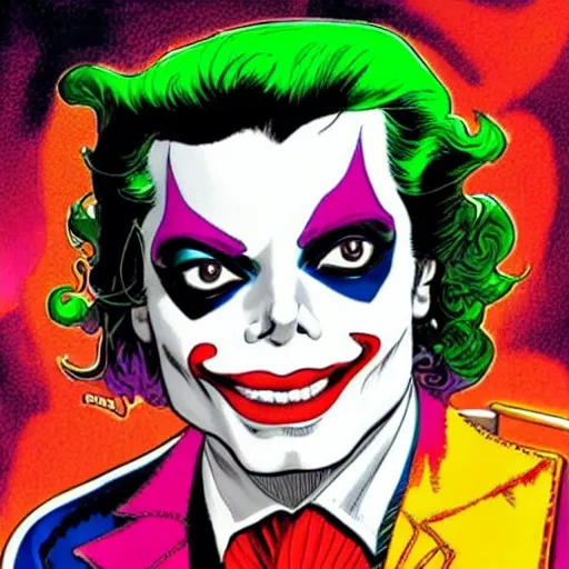 Image similar to dynamic macro head portrait of beautifu michael jackson as the joker in white sequined jacket by john romita sr and cory walker and ryan ottley and jack kirby and barry windsor - smith, comic, illustration, photo real