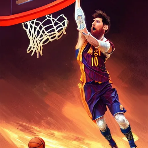 Image similar to Messi dunking a basketball in the NBA, D&D style, fantasy, intricate, elegant, highly detailed, digital painting, artstation, concept art, matte, sharp focus, illustration, art by Artgerm and Greg Rutkowski and Alphonse Mucha