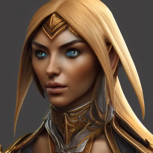 Image similar to portrait of a beautiful female high elf with tan skin, 3 d octane render trending on art station 4 k