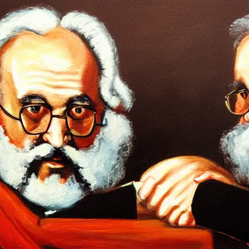Image similar to oil painting of karl marx and friedrich hayek arm wrestling