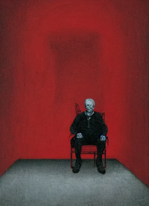 Image similar to beksinski style older man sitting on a chair in dark basement with red walls and one window