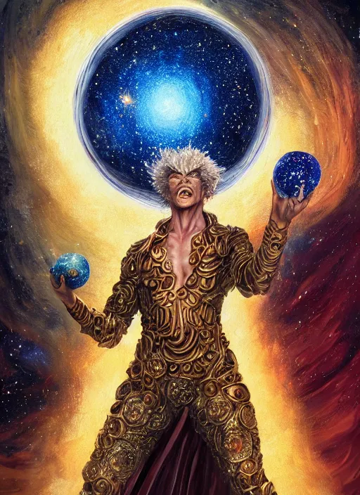 Image similar to high intricate painting of the sandman holding a glimmering galaxy, full shot, neil gaiman, maria panfilova, andrea savchenko, mike kime, ludovic plouffe, qi sheng luo, oliver cook, julian calle, eddie mendoza, trending on artstation