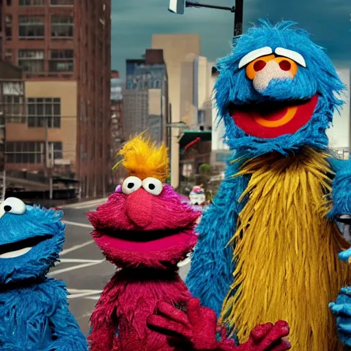 Image similar to wide-angle photo of homeless Sesame Street characters by David LaChapelle, 8k, sharp focus, dramatic lighting