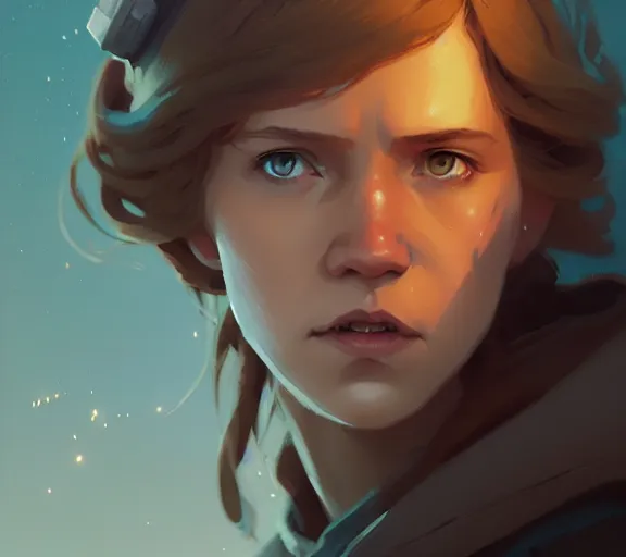 Image similar to portrait of female luke skywalker, fantasy, matte painting, illustration, hearthstone, by atey ghailan, by greg rutkowski, by greg tocchini, by james gilleard, by joe fenton, by kaethe butcher, dynamic lighting, gradient light blue, brown, blonde cream and white color scheme, grunge aesthetic