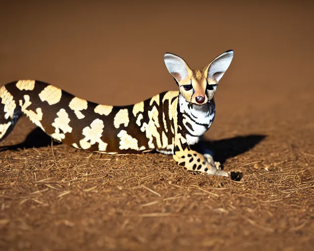 Prompt: an award winning photo of a serval - headed ball python, legless!!!!!!, environmental portrait photography, national geographic, 4 k, sharp focus