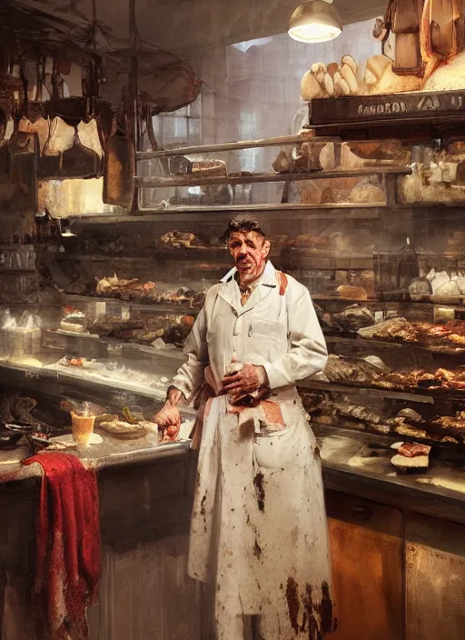 Prompt: portrait of a very old butcher, bloodstained apron, at a butcher shop, dramatic lighting, dimly lit, medium view, asymmetrical intricate elegant matte painting illustration, by greg rutkowski and greg tocchini and james gilleard and sargent and leyendecker and greg manchess