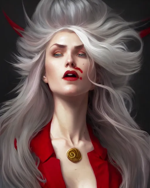 Image similar to female vampire, gold waistcoat, red shirt, grey hair, red necktie, cinematic, stunning, highly detailed, digital painting, artstation, smooth, hard focus, full body shot, illustration, art by artgerm and greg rutkowski and alphonse mucha