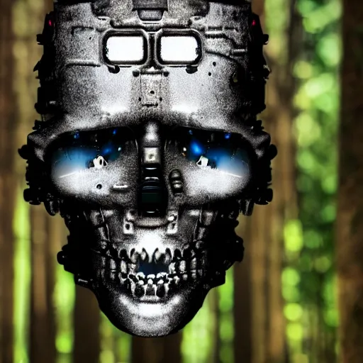 Prompt: super detailed portrait of a terminator's head, packed with cybernetics and and borg enhancements. In a forest with bokeh. Lots of Gears visible. Vegetation id growing out of it