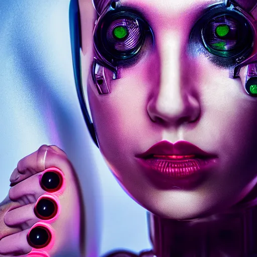 Image similar to cyborg girl pleasure model vapor on skin photography style 4k