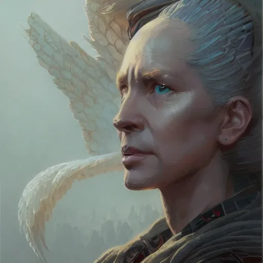 Image similar to portrait of the angel of atomic bombs, D&D, fantasy, intricate, elegant, highly detailed, digital painting, artstation, concept art, smooth, sharp focus, illustration, art by greg rutkowski and james gurney