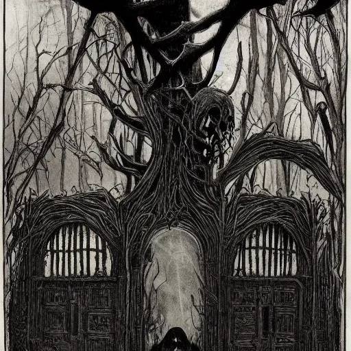 Prompt: In the center of the illustration is a large gateway that seems to lead into abyss of darkness. On either side of the gateway are two figures, one a demon-like creature, the other a skeletal figure. by Charles Vess haunting